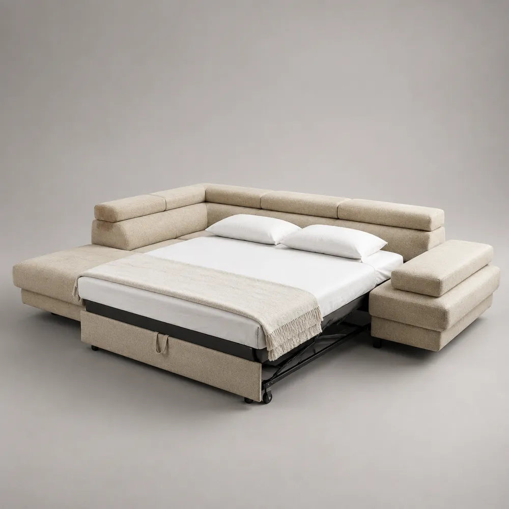 Canapé d'angle convertible en tissu beige avec lit escamotable 280 x 220 x 90 cm
