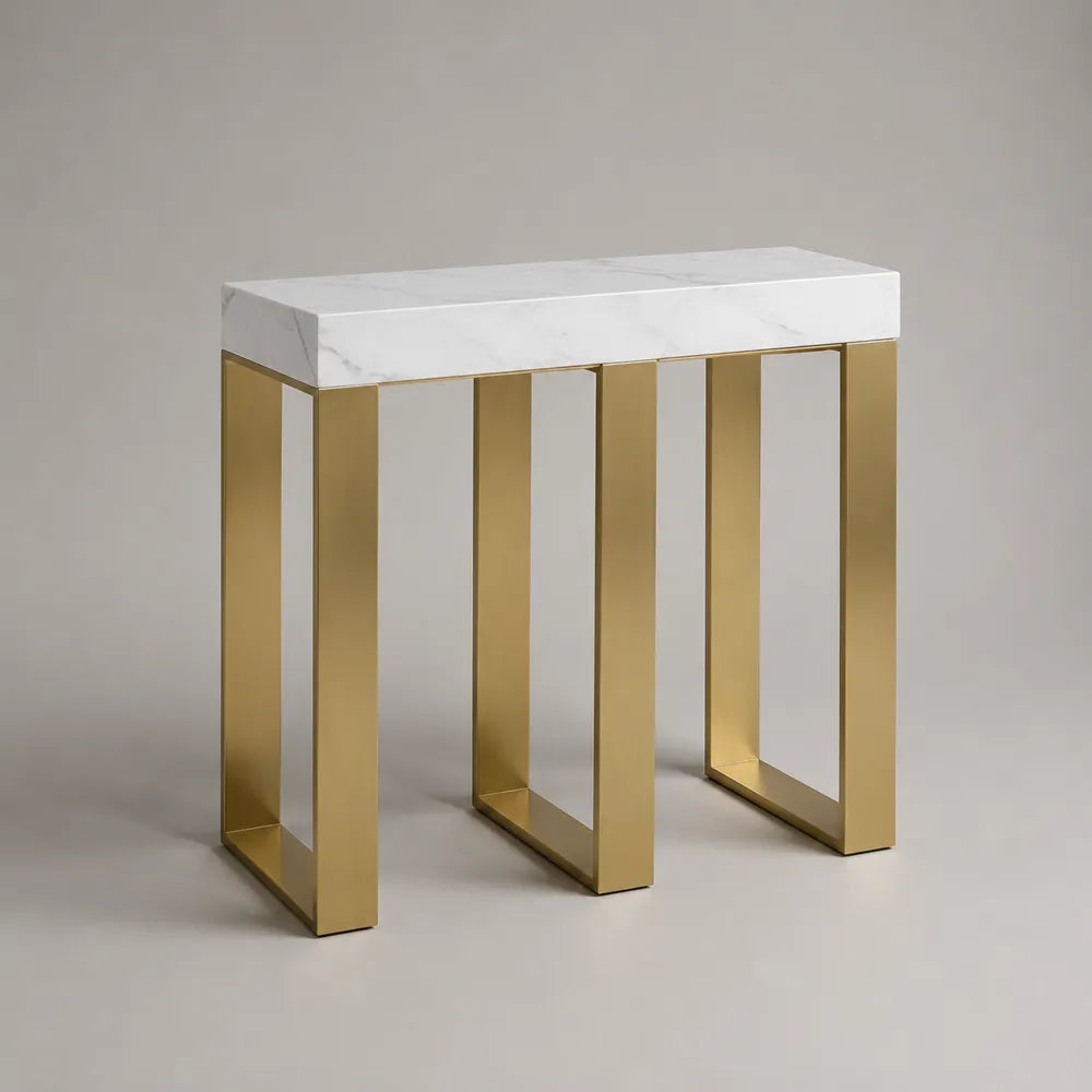 Console d'entrée rectangulaire avec plateau effet marbre blanc structure acier doré 120 x 35 x 80 cm