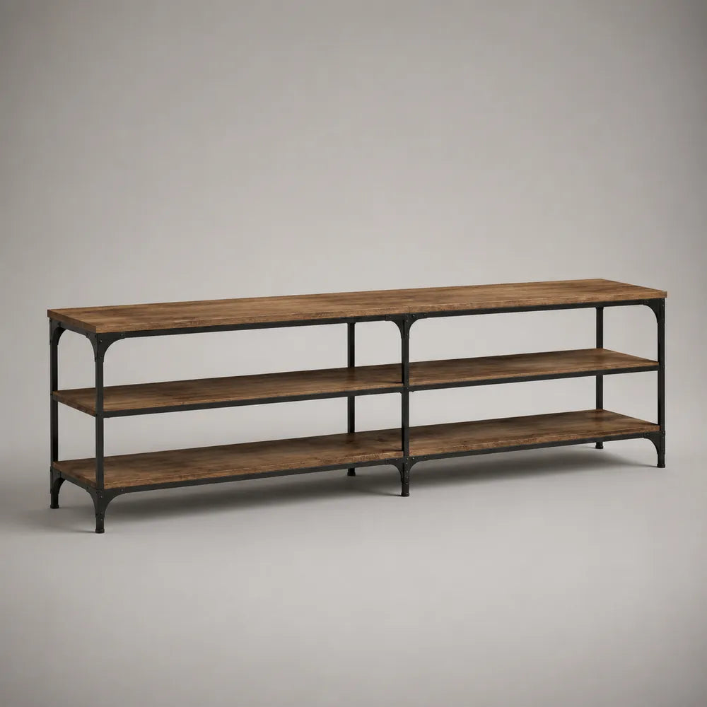 Meuble TV bas industriel avec étagères ouvertes en MDF effet bois acier noir 200 x 40 x 55 cm
