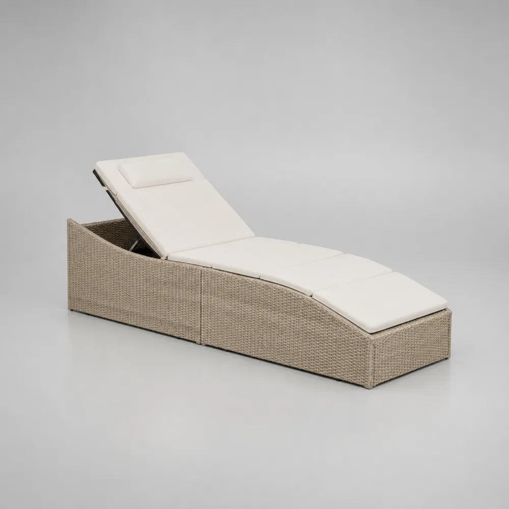 Bain de soleil de jardin en résine tressée beige avec coussin blanc dossier réglable structure aluminium 200 x 70 x 65 cm