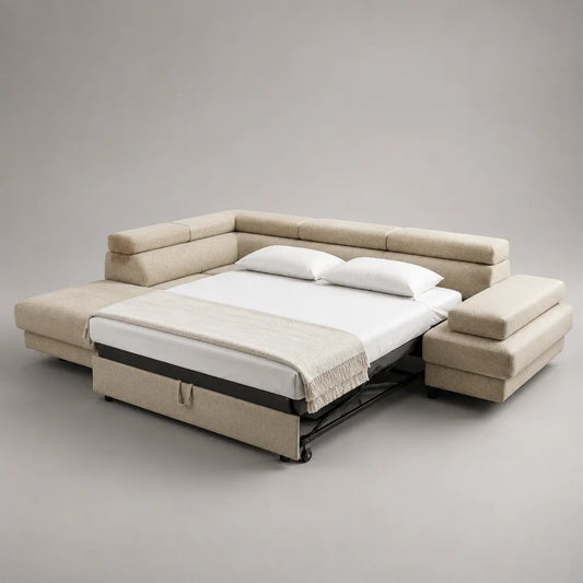 Canapé d'angle convertible en tissu beige avec lit escamotable 280 x 220 x 90 cm