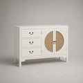 Buffet bas 140 cm en MDF blanc avec portes cannage et 3 tiroirs poignées noires