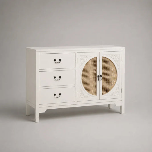 Buffet bas 140 cm en MDF blanc avec portes cannage et 3 tiroirs poignées noires