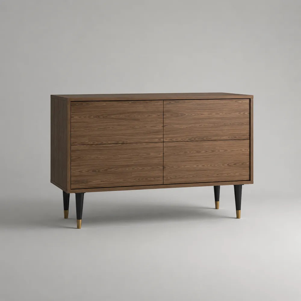 Buffet bas 4 portes en MDF effet noyer avec pieds acier noir et embouts dorés 160 x 40 x 80 cm