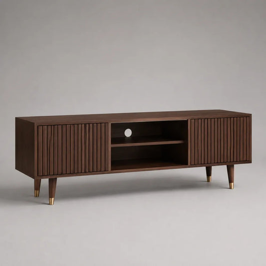 Meuble TV en MDF marron avec portes rainurées et niche ouverte 180 x 40 x 50 cm