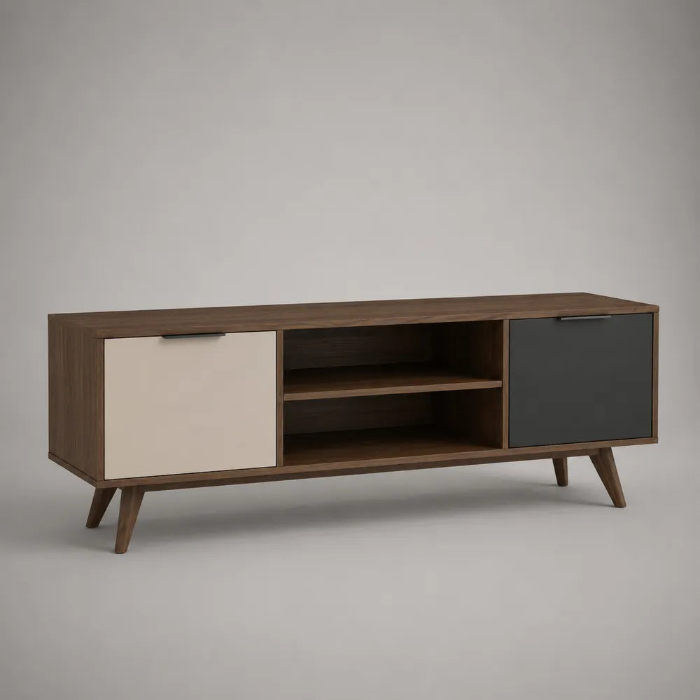 Meuble TV bas en MDF effet bois avec portes blanc et gris anthracite et niche ouverte 160 x 40 x 50 cm