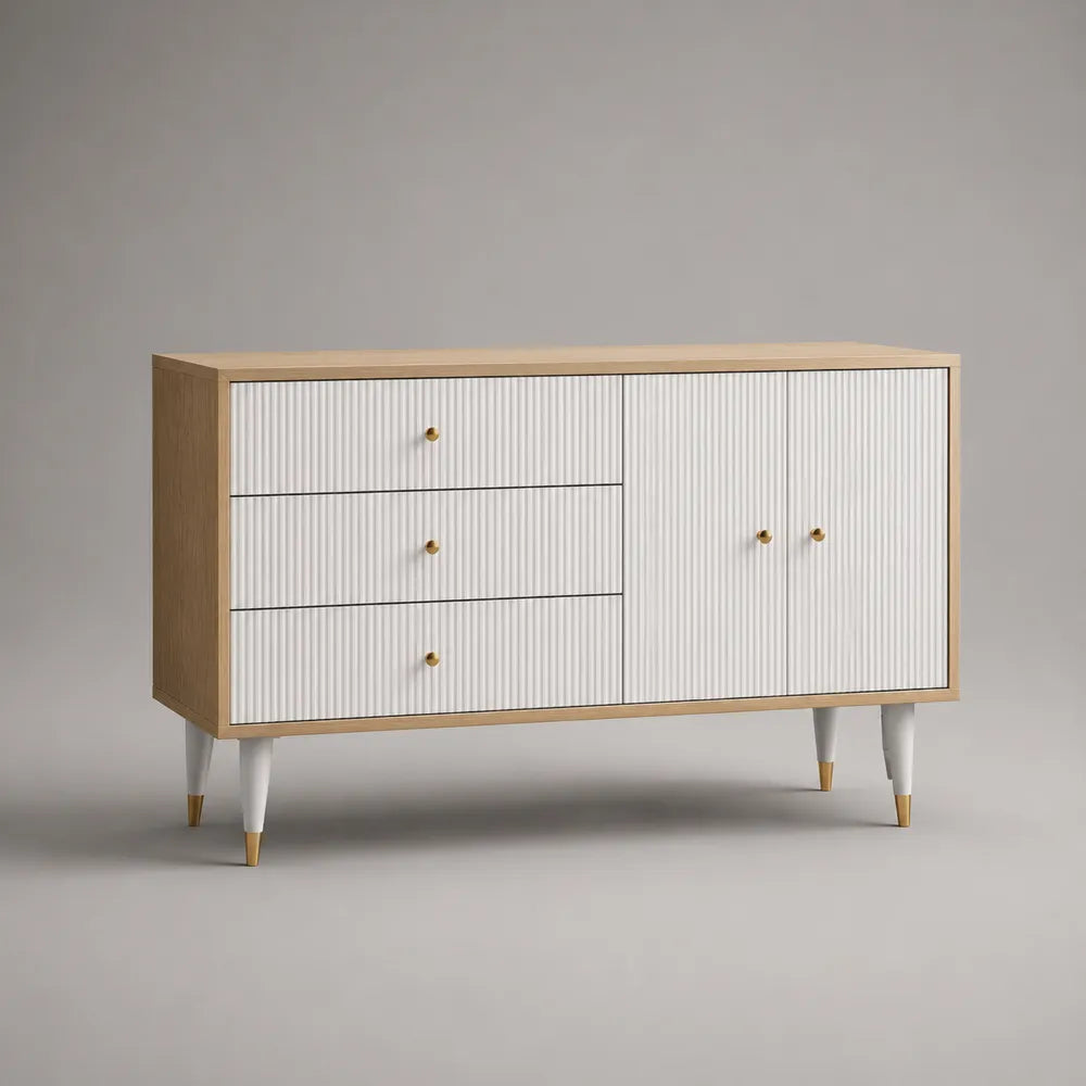 Buffet bas 180 cm en MDF effet chêne naturel avec 3 tiroirs 2 portes et pieds blancs