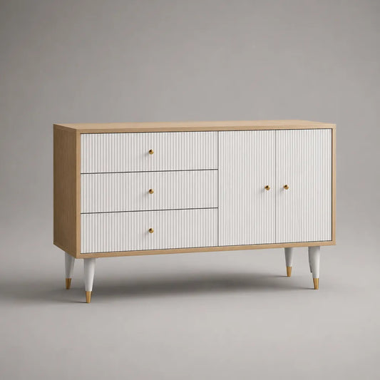 Buffet bas 180 cm en MDF effet chêne naturel avec 3 tiroirs 2 portes et pieds blancs