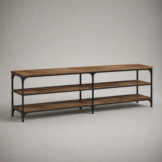 Meuble TV bas industriel avec étagères ouvertes en MDF effet bois acier noir 200 x 40 x 55 cm