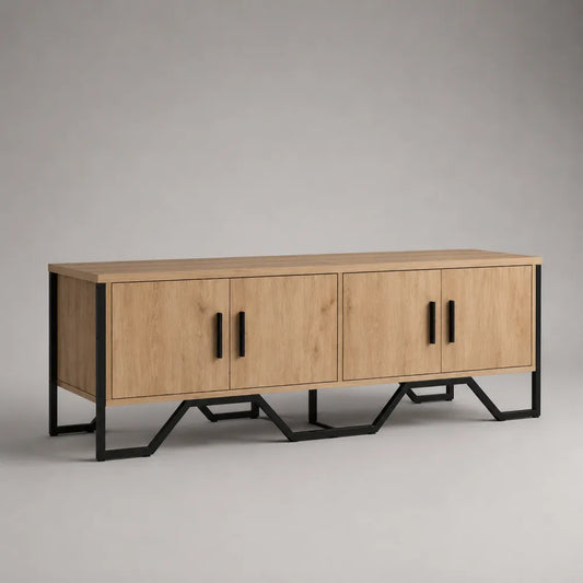 Meuble TV en MDF effet chêne clair avec portes battantes et structure métal noir 200 x 40 x 55 cm