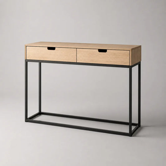 Console d'entrée en MDF effet bois clair avec 2 tiroirs et structure en acier noir 120 x 35 x 80 cm