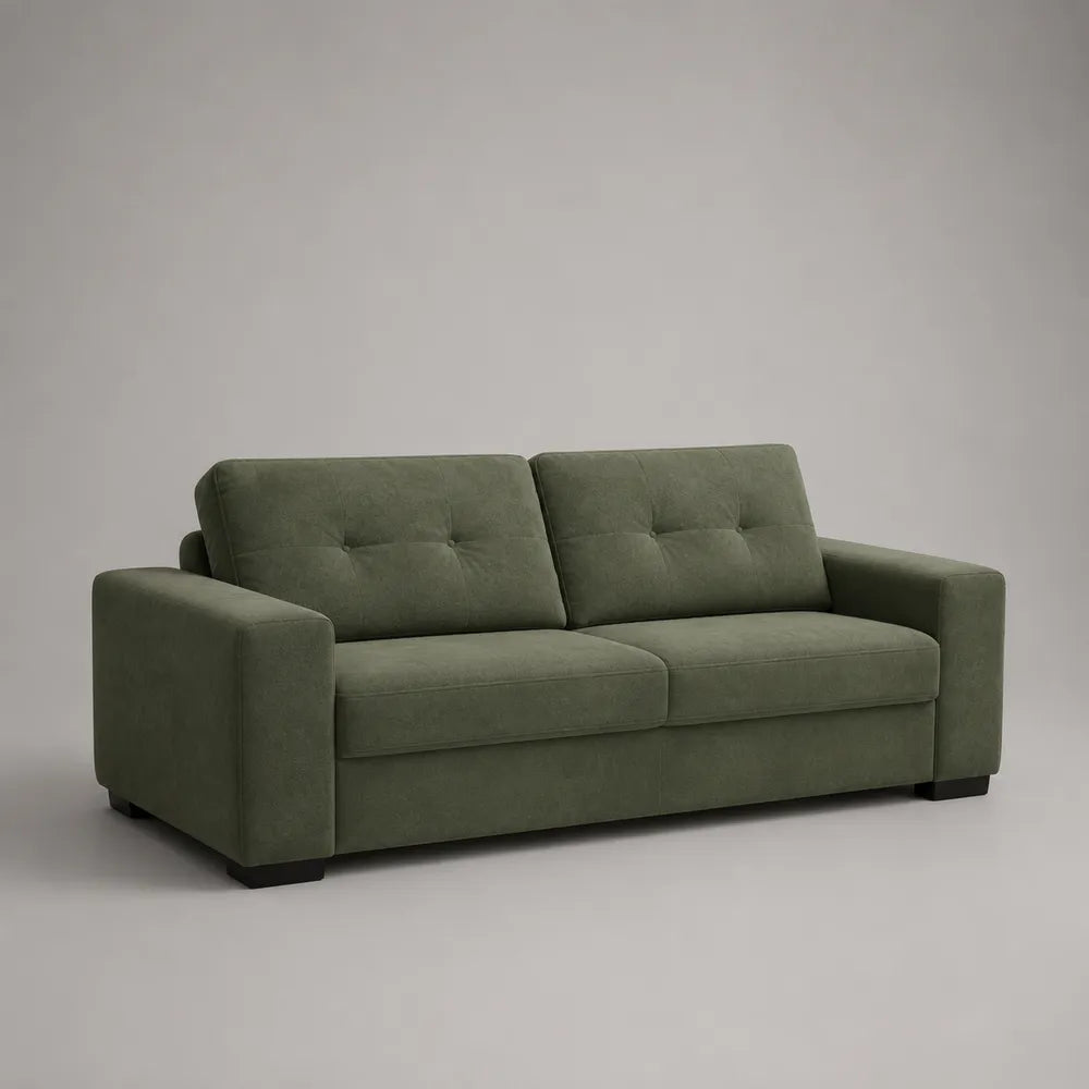 Canapé droit 3 places en polyester vert avec accoudoirs et pieds noirs 230 x 90 x 85 cm