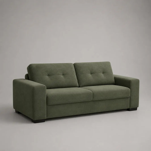 Canapé droit 3 places en polyester vert avec accoudoirs et pieds noirs 230 x 90 x 85 cm