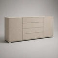 Buffet bas 4 tiroirs 2 portes en MDF effet pierre beige avec ouverture intégrée 220 x 45 x 80 cm