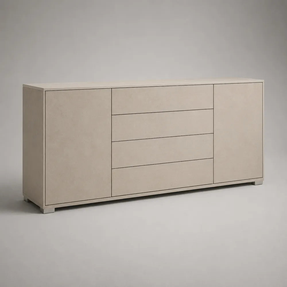 Buffet bas 4 tiroirs 2 portes en MDF effet pierre beige avec ouverture intégrée 220 x 45 x 80 cm