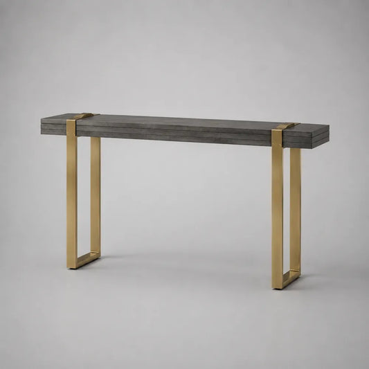 Console d'entrée avec plateau effet béton gris et structure acier doré 120 x 35 x 80 cm