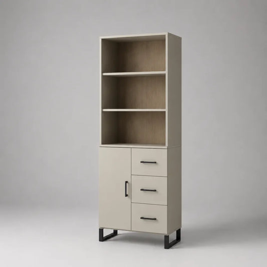 Buffet haut 80 cm en MDF beige avec étagères ouvertes 1 porte et 3 tiroirs pieds noirs