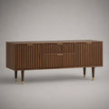 Meuble TV en MDF effet noyer marron avec portes rainurées et pieds bois 200 x 40 x 55 cm