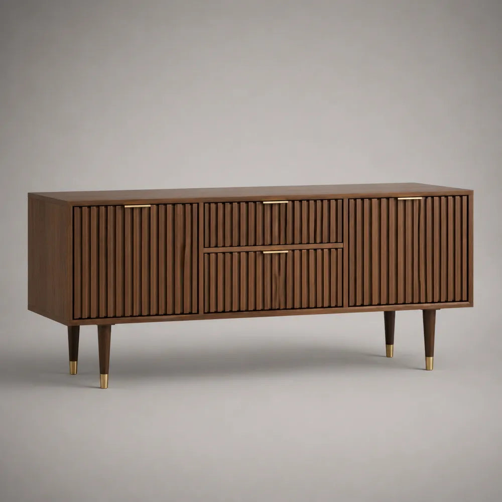 Meuble TV en MDF effet noyer marron avec portes rainurées et pieds bois 200 x 40 x 55 cm