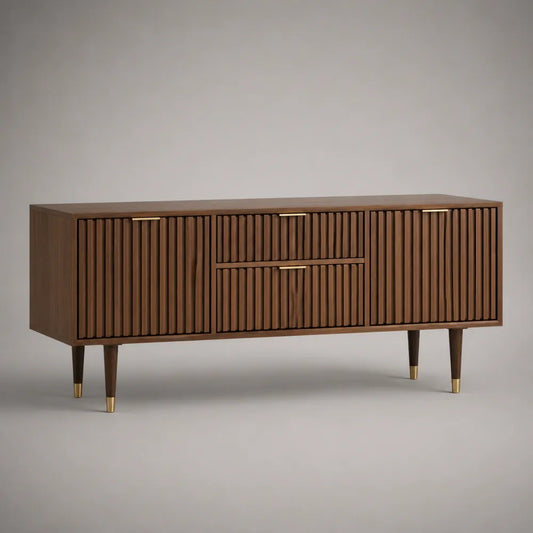 Meuble TV en MDF effet noyer marron avec portes rainurées et pieds bois 200 x 40 x 55 cm