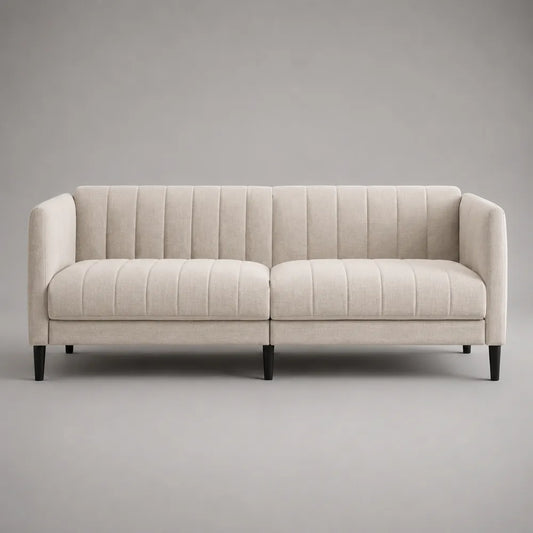 Canapé 3 places en tissu polyester texturé blanc crème avec accoudoirs hauts 220 x 85 x 78 cm