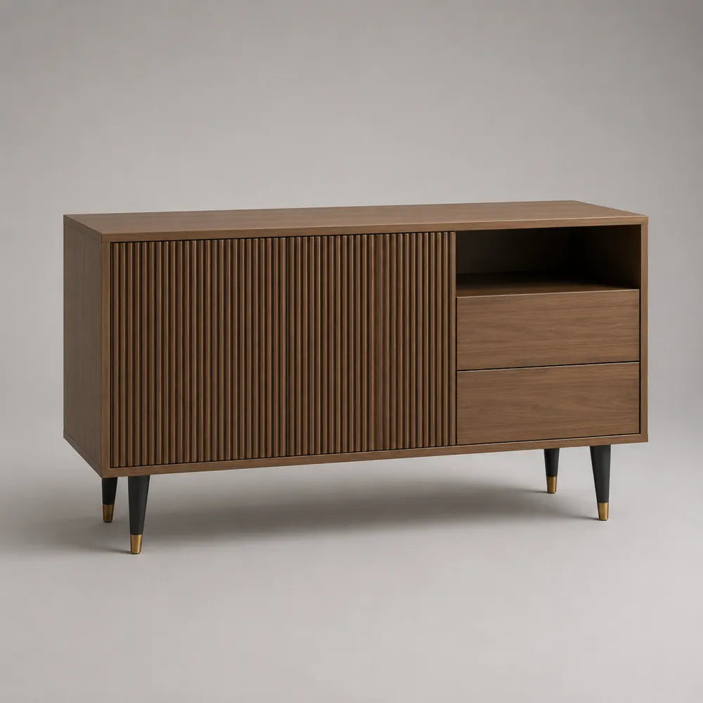 Meuble TV bas en MDF effet noyer avec porte rainurée tiroirs et niche ouverte 180 x 40 x 55 cm