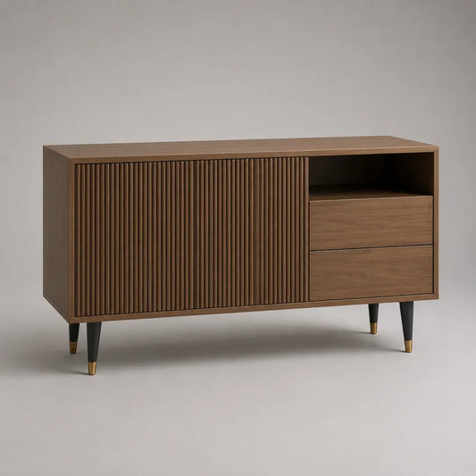 Meuble TV bas en MDF effet noyer avec porte rainurée tiroirs et niche ouverte 180 x 40 x 55 cm