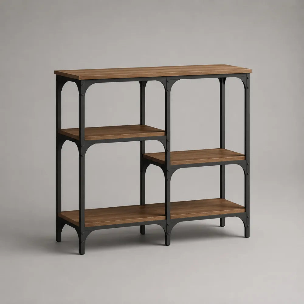 Console étagère 120 cm en MDF effet bois avec structure acier noir 4 niveaux