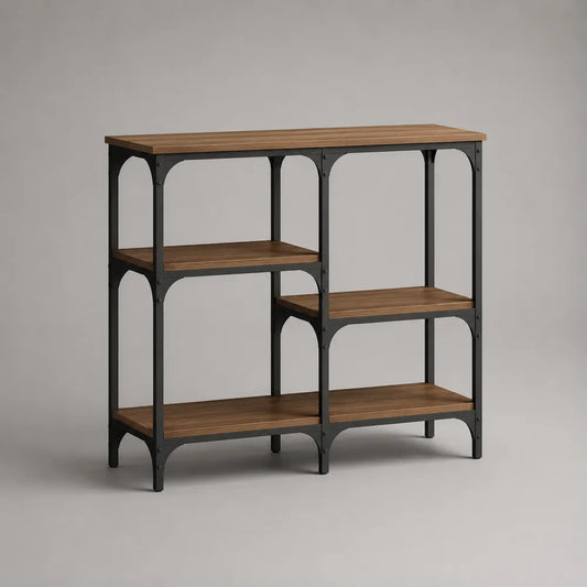 Console étagère 120 cm en MDF effet bois avec structure acier noir 4 niveaux